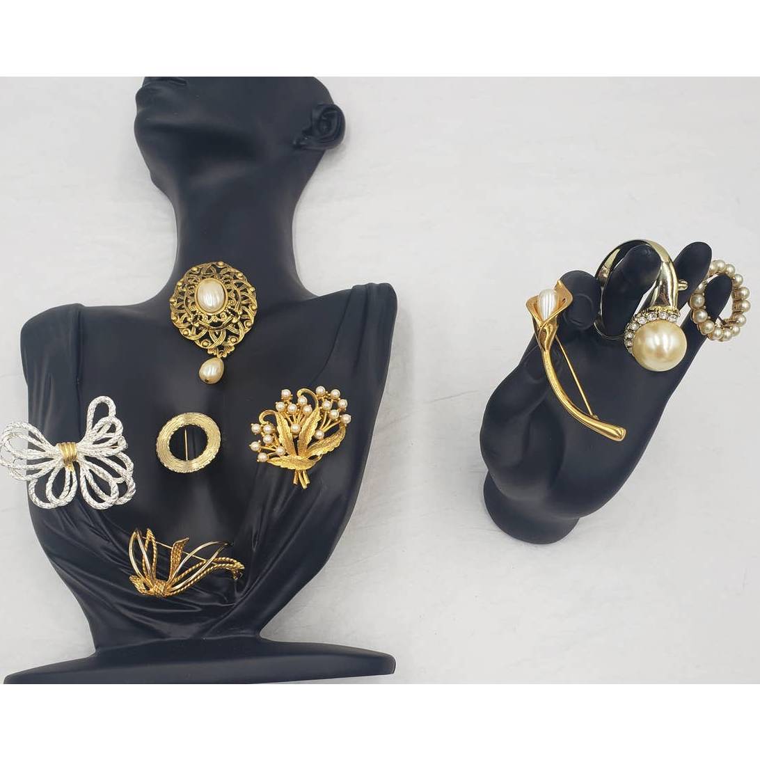 Vintage Brooch Lot Faux Pearl Pendant, AJC Ring, Leaf, Circle, Calla Lily Flower
