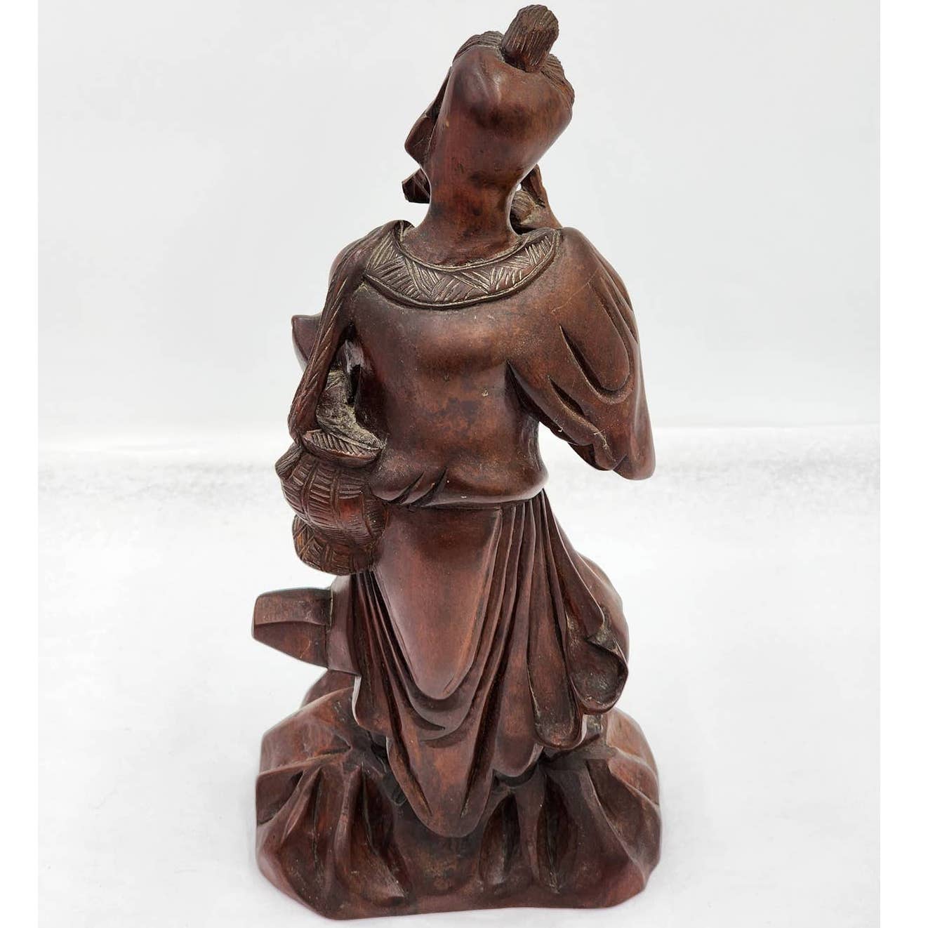 Vintage Asian Chinese Fisherman Hand Carved Wooden Sculpture Sage Elder Fish 12"