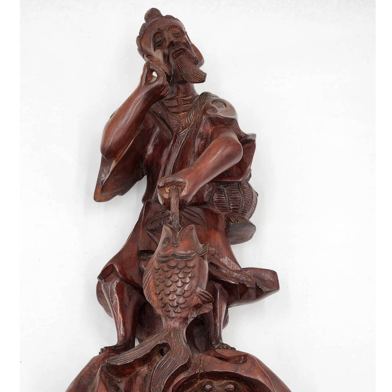 Vintage Asian Chinese Fisherman Hand Carved Wooden Sculpture Sage Elder Fish 12"
