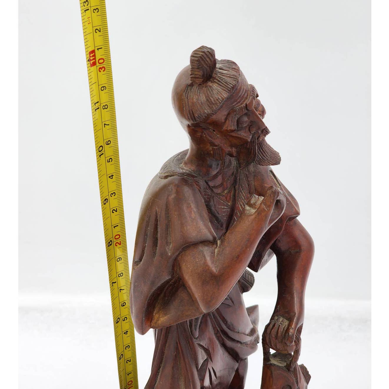 Vintage Asian Chinese Fisherman Hand Carved Wooden Sculpture Sage Elder Fish 12"