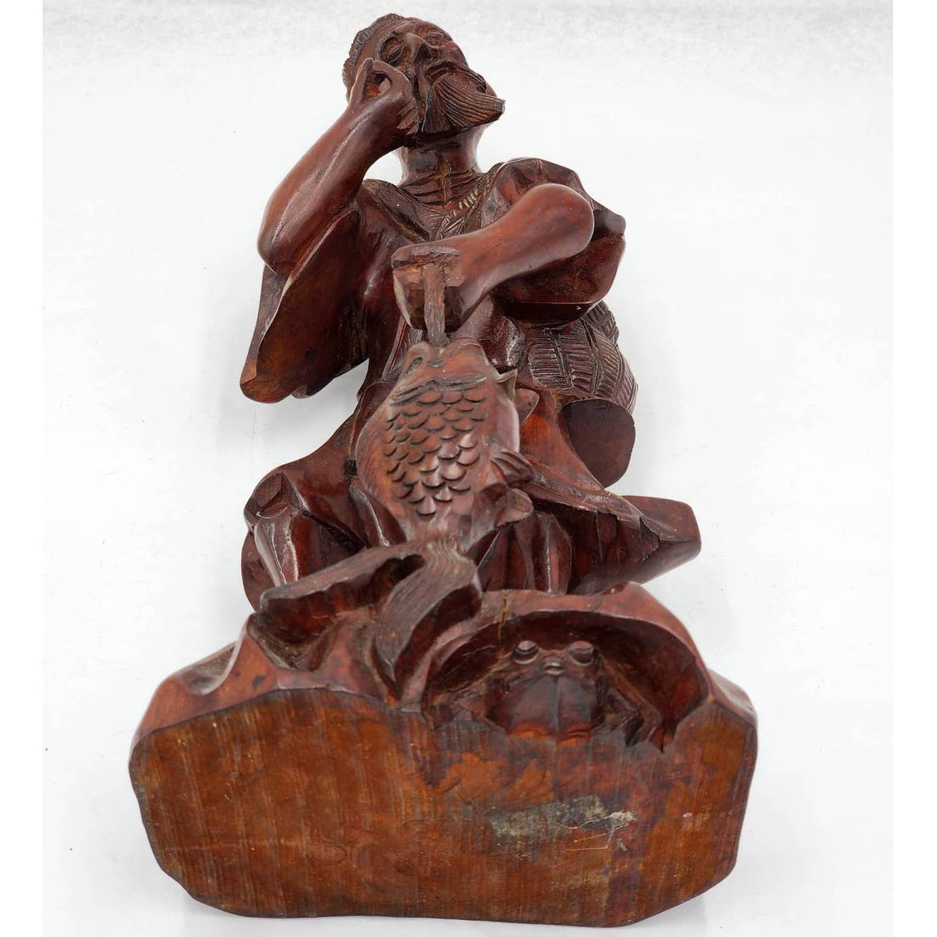 Vintage Asian Chinese Fisherman Hand Carved Wooden Sculpture Sage Elder Fish 12"