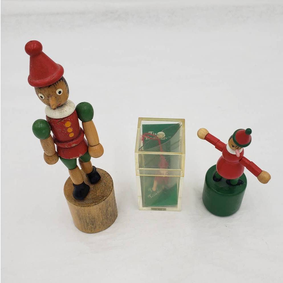 VTG Pinocchio Lot of 3 W/2 Wooden Pinocchio Collapsible Push Thumb and Ornament