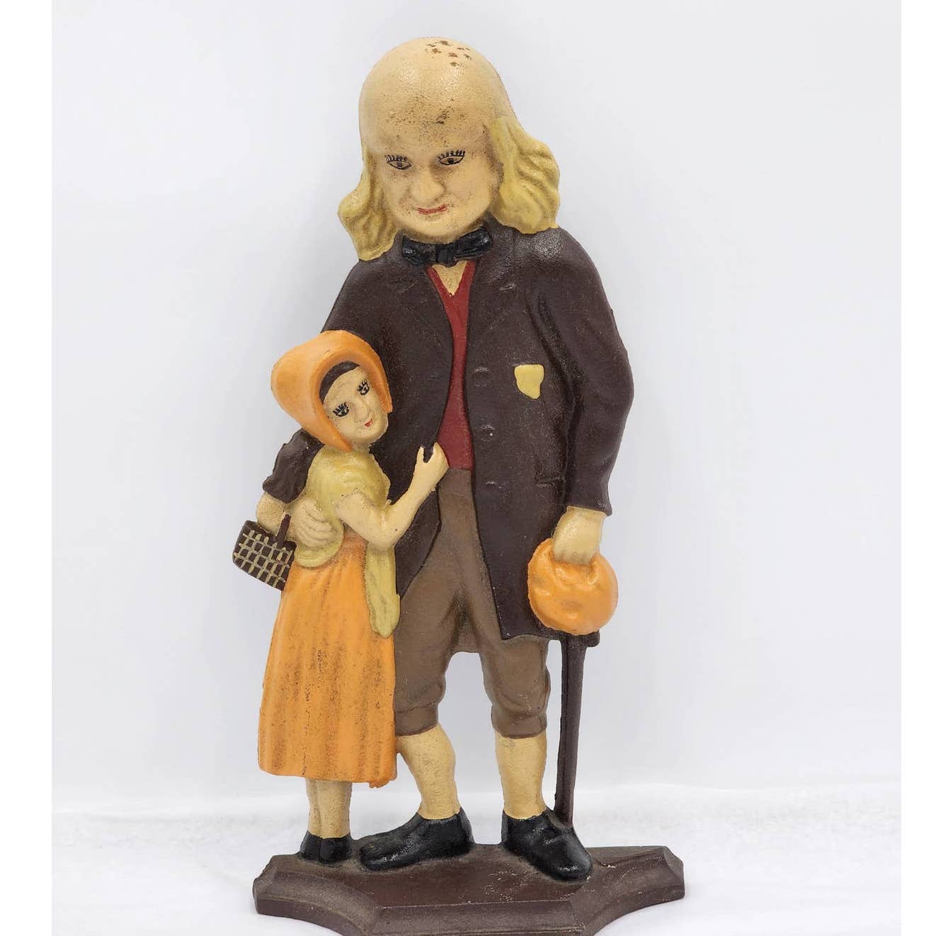 Vintage Ben Franklin Cast Iron Doorstop Holding Cane Hugging Girl Heavy 14" Tall