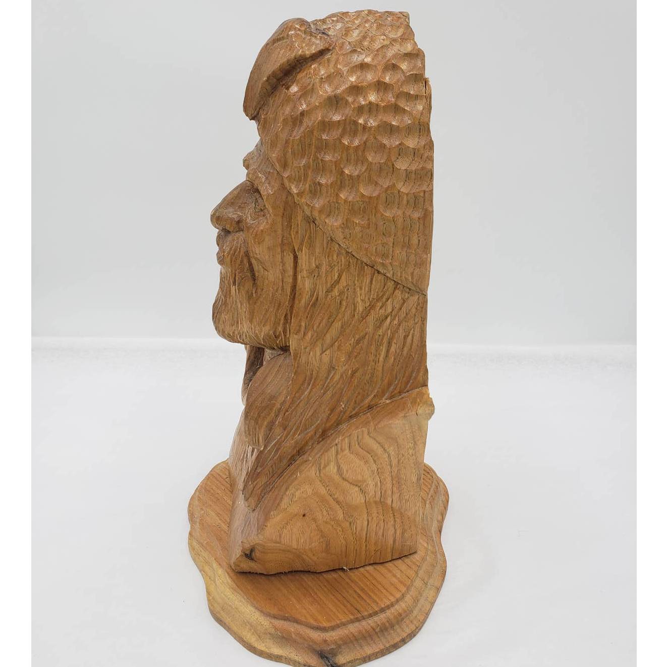 Vintage Wood Carved Trapper Man Bearded Bust Sculpture Wood Carving 13" Tall