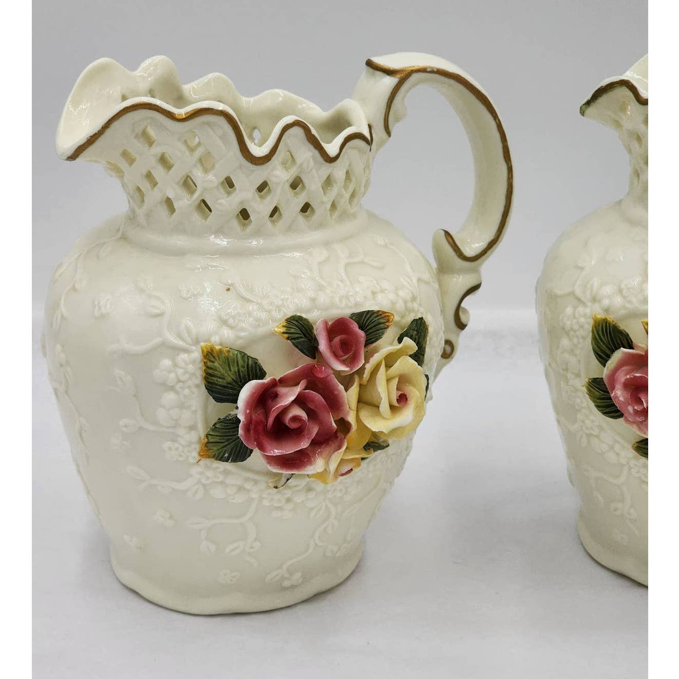 Jade Porcelain 3D Rose Floral Pitcher Set of 2