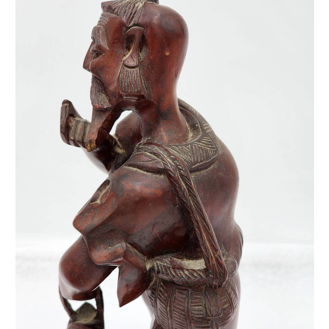 Vintage Asian Chinese Fisherman Hand Carved Wooden Sculpture Sage Elder Fish 12"
