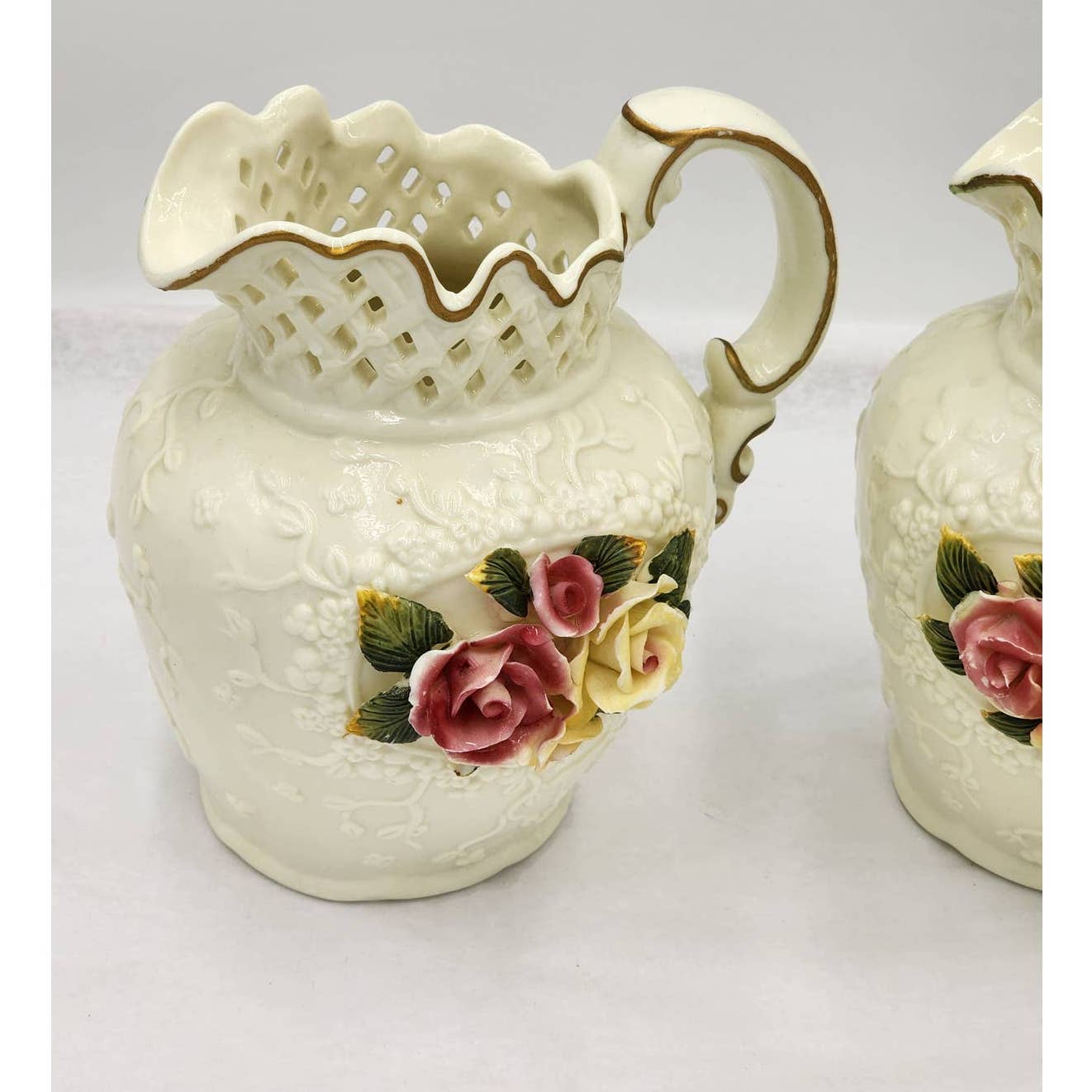 Jade Porcelain 3D Rose Floral Pitcher Set of 2
