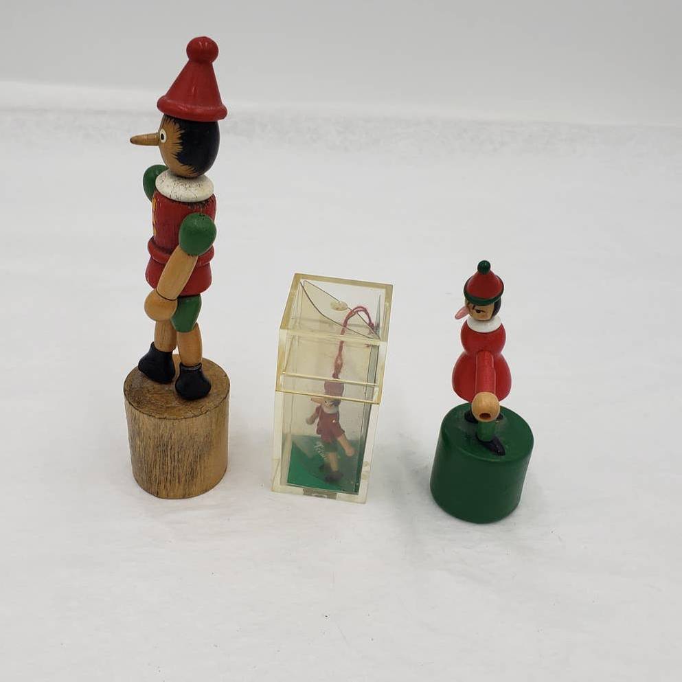 VTG Pinocchio Lot of 3 W/2 Wooden Pinocchio Collapsible Push Thumb and Ornament