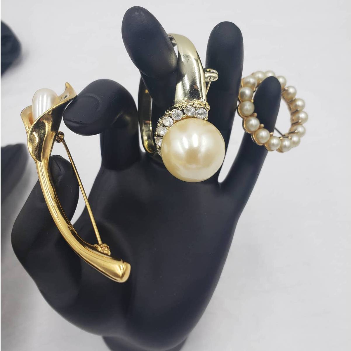 Vintage Brooch Lot Faux Pearl Pendant, AJC Ring, Leaf, Circle, Calla Lily Flower