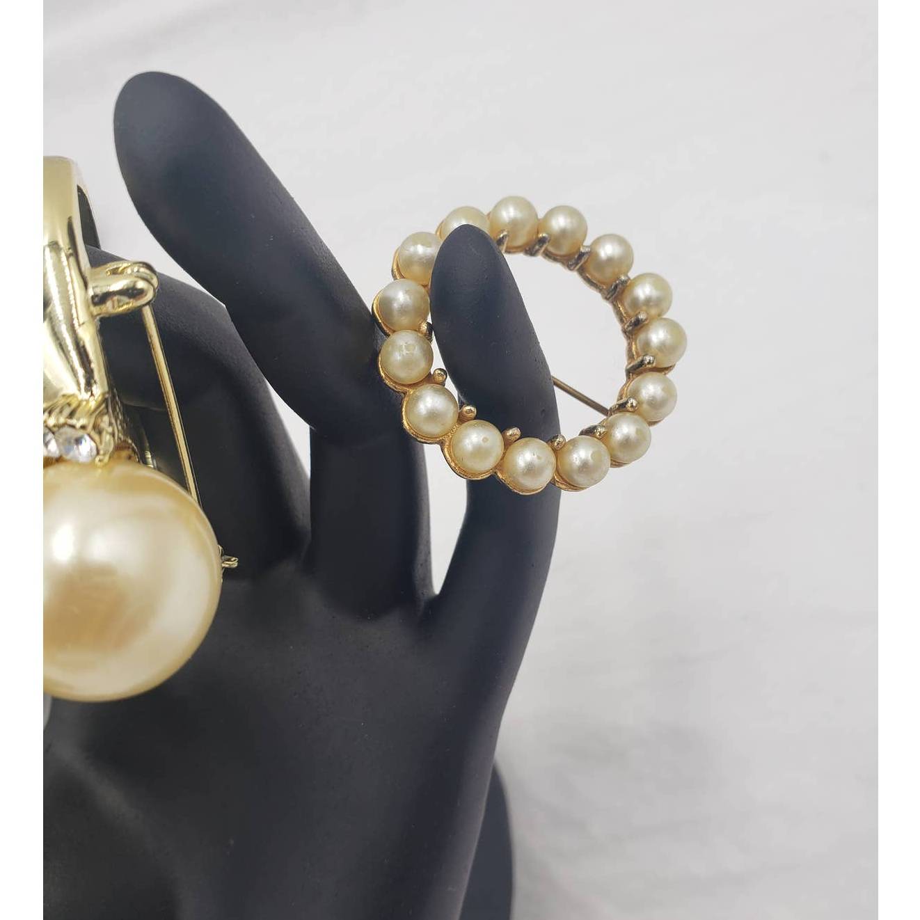 Vintage Brooch Lot Faux Pearl Pendant, AJC Ring, Leaf, Circle, Calla Lily Flower