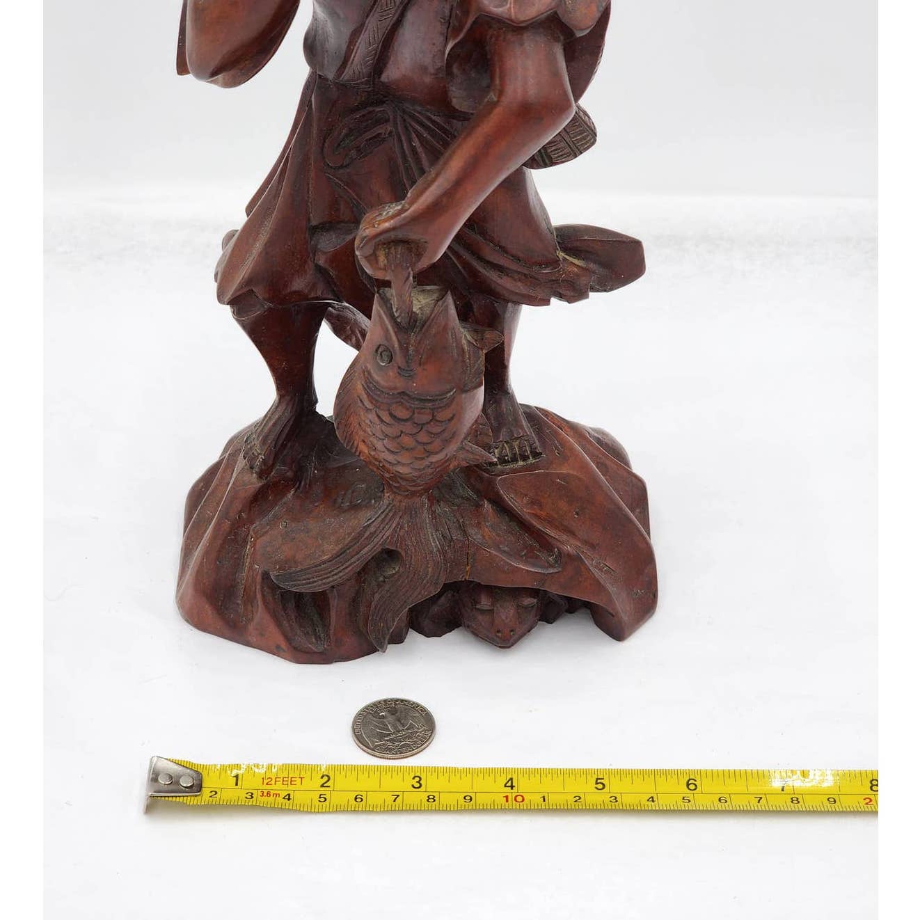 Vintage Asian Chinese Fisherman Hand Carved Wooden Sculpture Sage Elder Fish 12"