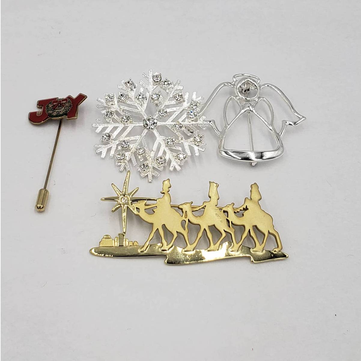 Merry Christmas Brooch Lot of 4 Joy Stickpin, Angel, Snowflake, Three Wise Man