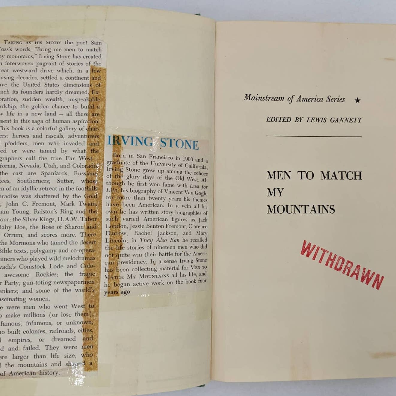Mainstream Of America Series: Men To Match My Mountains By Irving Stone 1956