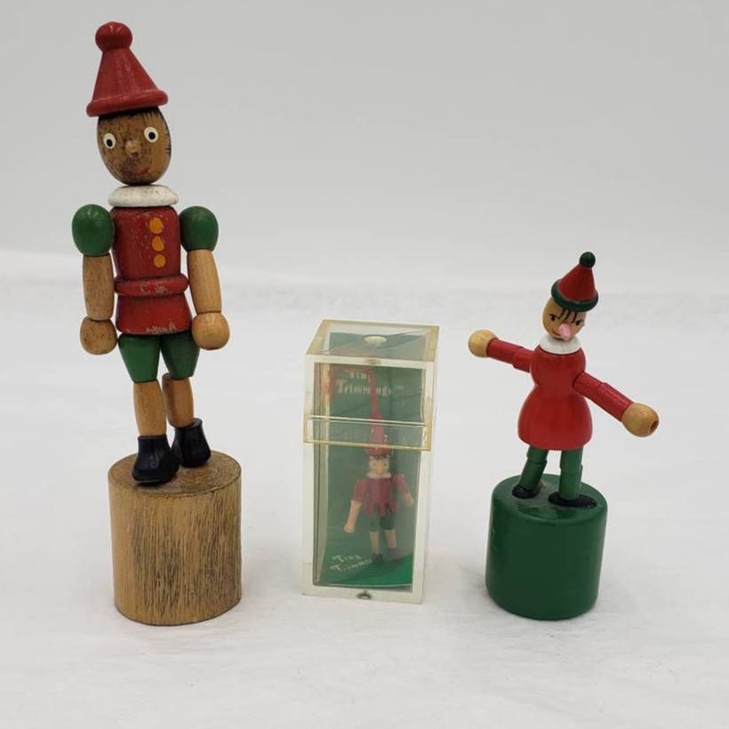 VTG Pinocchio Lot of 3 W/2 Wooden Pinocchio Collapsible Push Thumb and Ornament