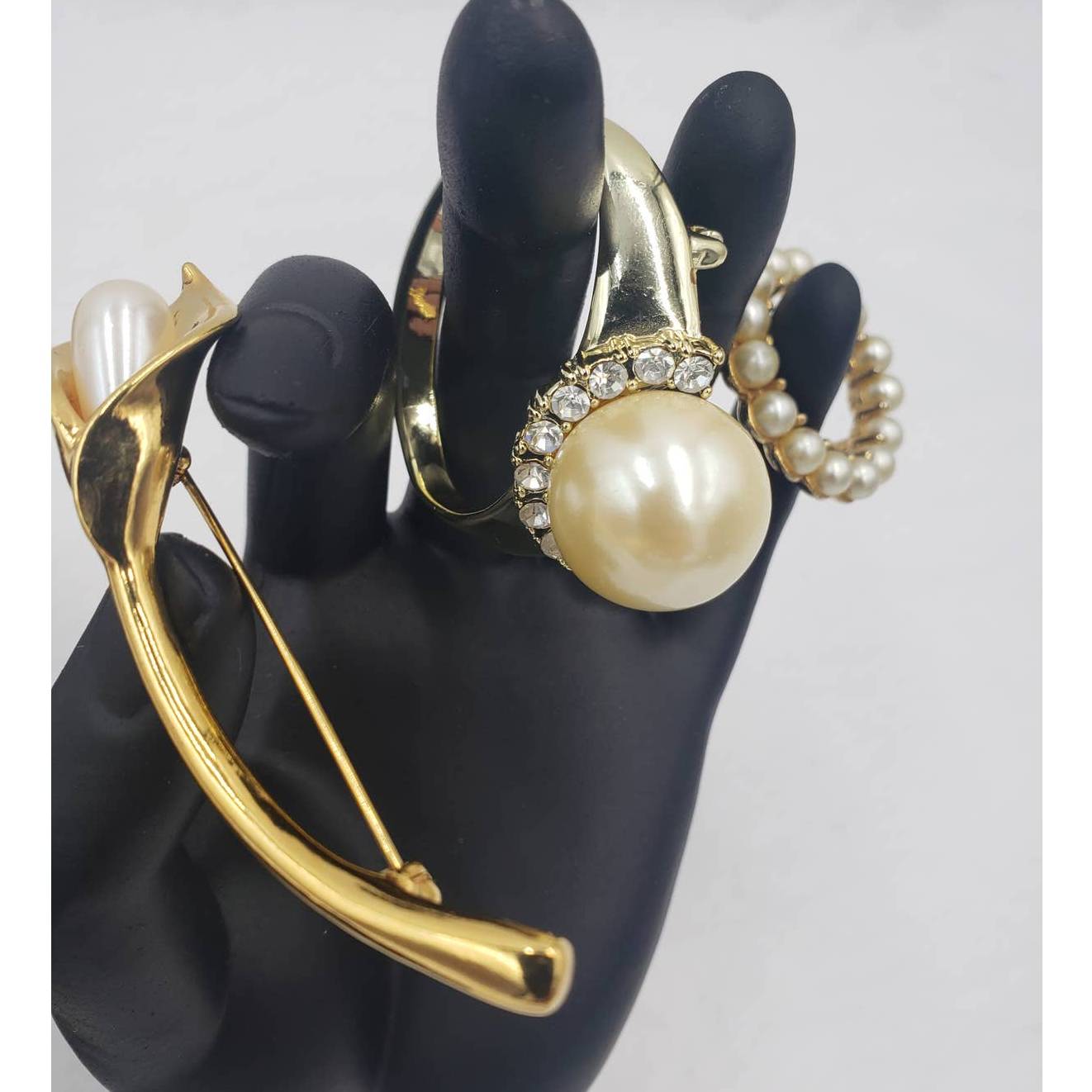 Vintage Brooch Lot Faux Pearl Pendant, AJC Ring, Leaf, Circle, Calla Lily Flower