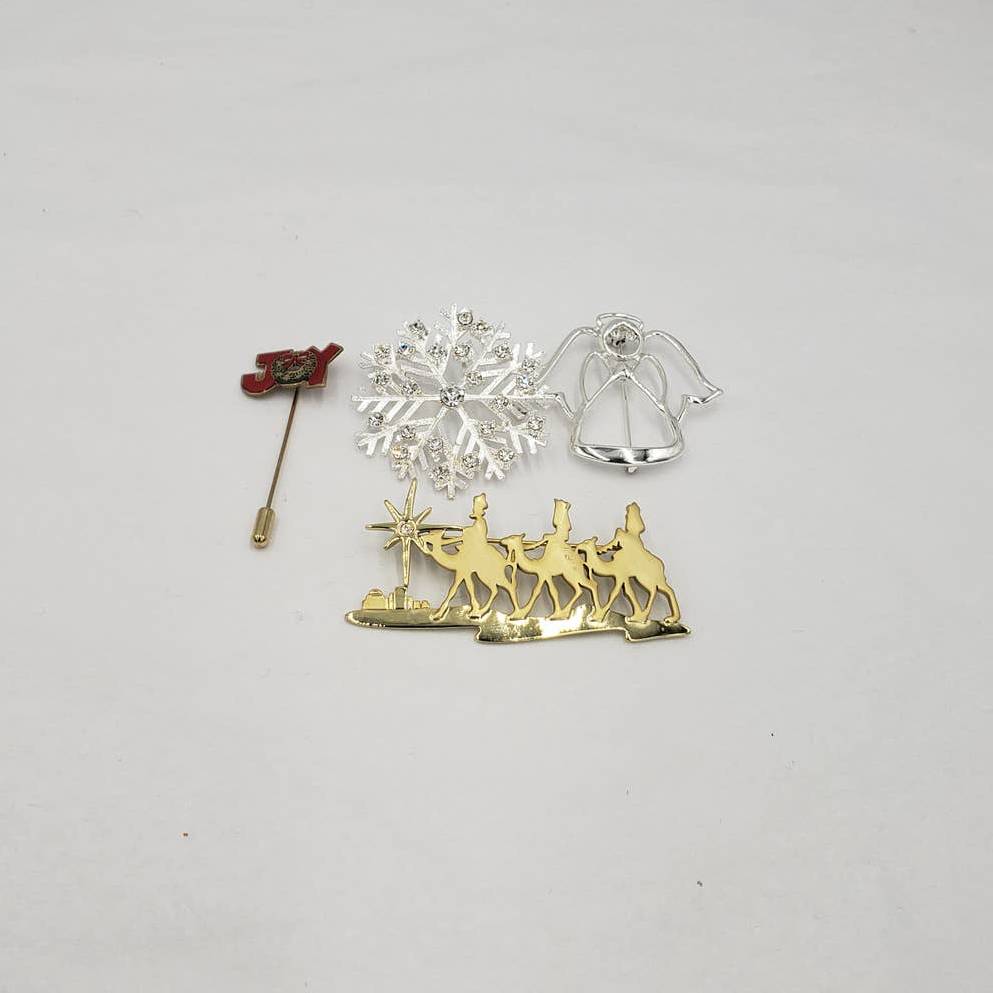 Merry Christmas Brooch Lot of 4 Joy Stickpin, Angel, Snowflake, Three Wise Man