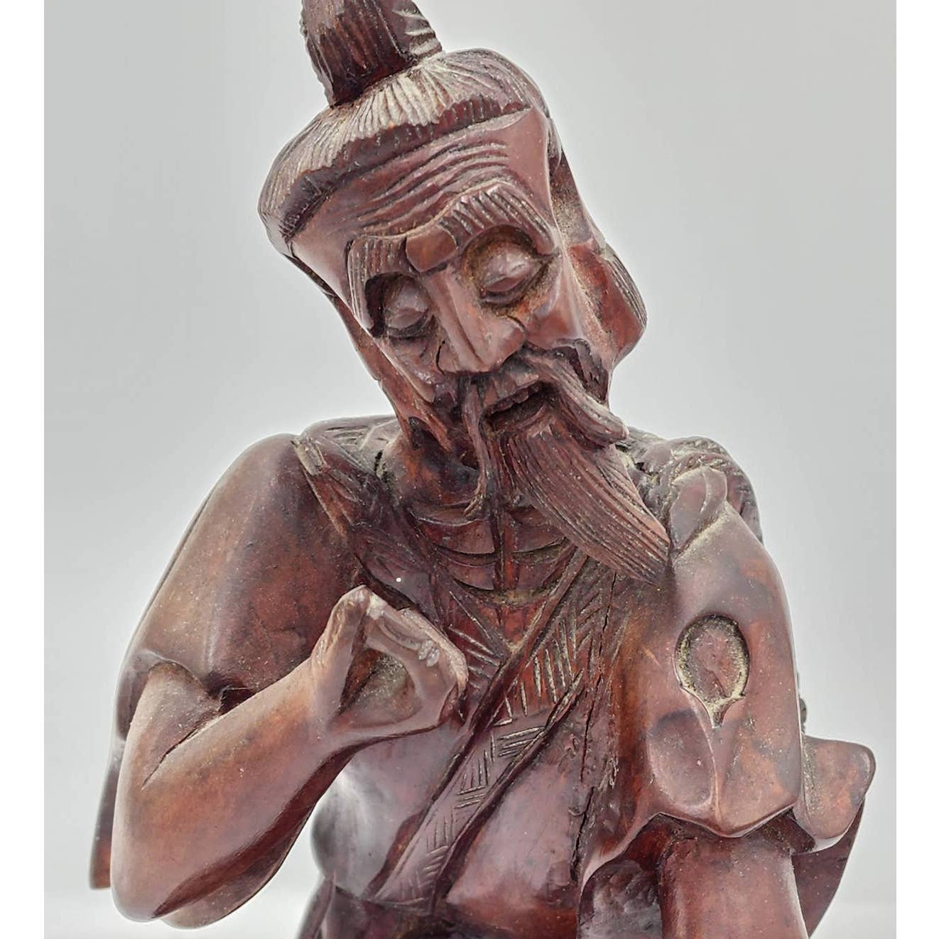 Vintage Asian Chinese Fisherman Hand Carved Wooden Sculpture Sage Elder Fish 12"
