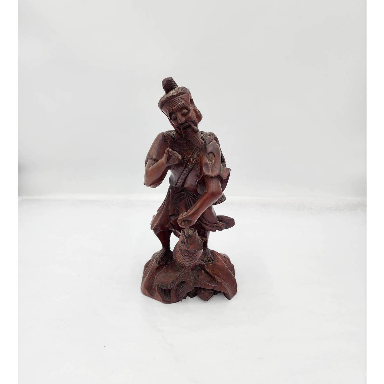 Vintage Asian Chinese Fisherman Hand Carved Wooden Sculpture Sage Elder Fish 12"