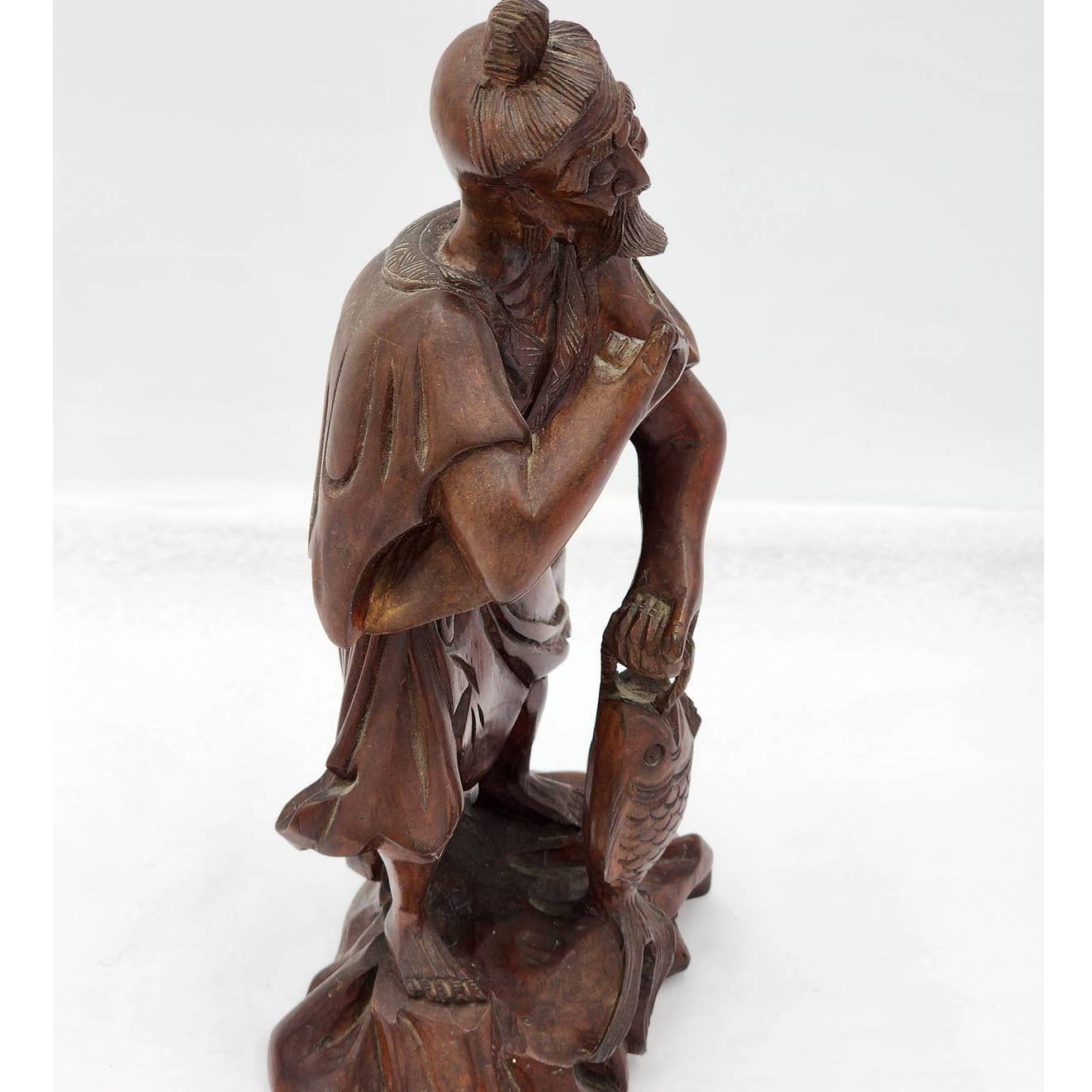 Vintage Asian Chinese Fisherman Hand Carved Wooden Sculpture Sage Elder Fish 12"