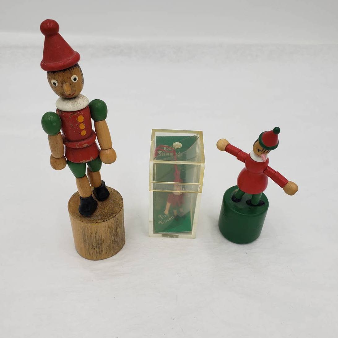 VTG Pinocchio Lot of 3 W/2 Wooden Pinocchio Collapsible Push Thumb and Ornament