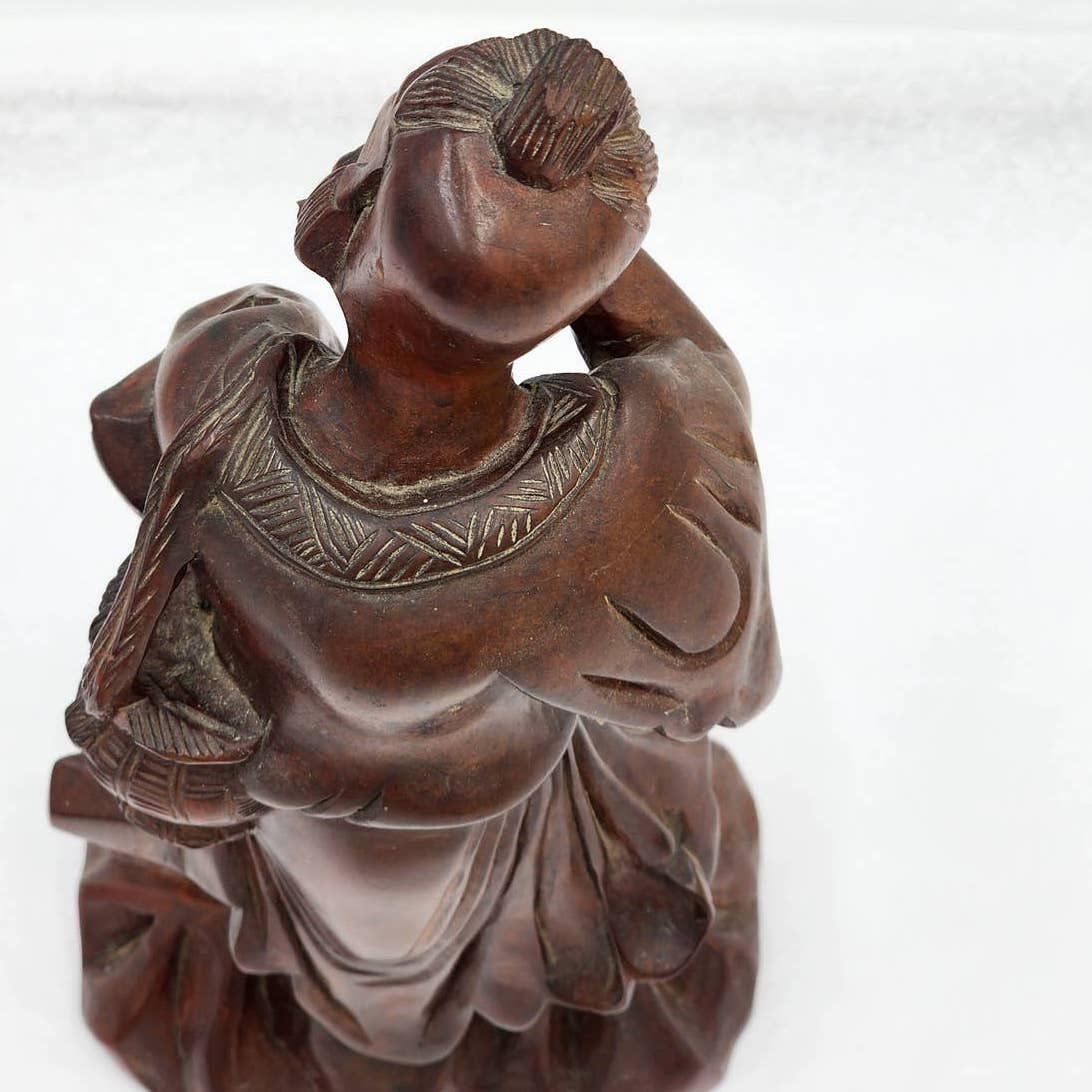 Vintage Asian Chinese Fisherman Hand Carved Wooden Sculpture Sage Elder Fish 12"