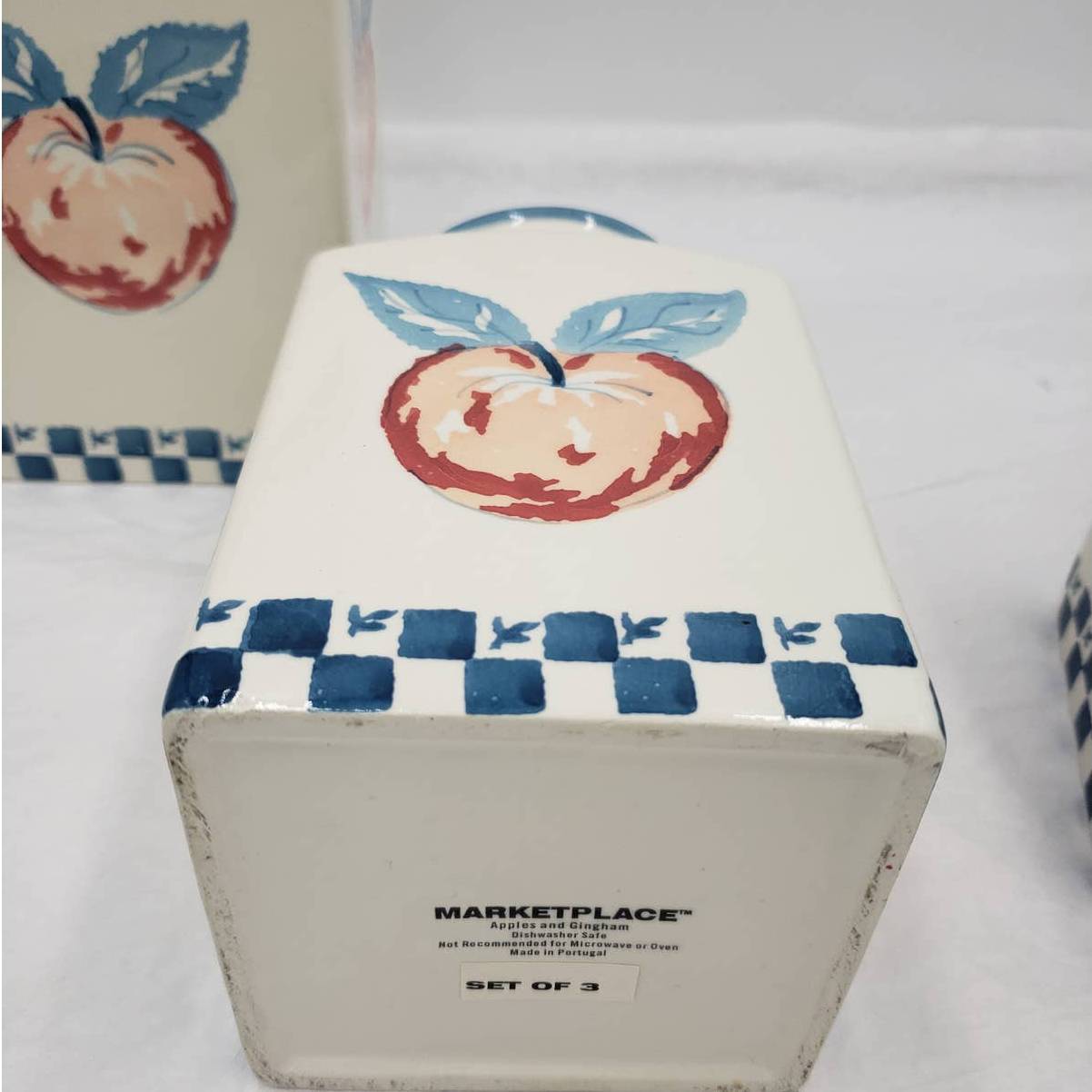 Canister w/Lids Set of 3 Marketplace Apples and Gingham Portugal 9" Tallest
