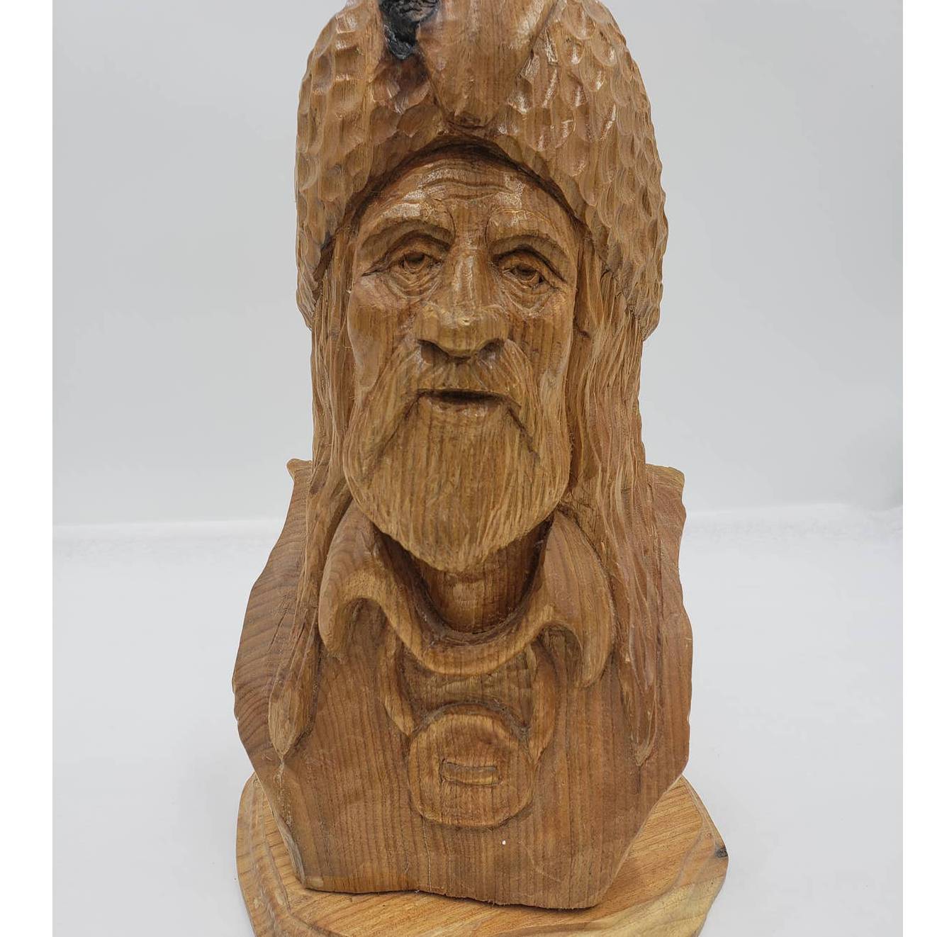 Vintage Wood Carved Trapper Man Bearded Bust Sculpture Wood Carving 13" Tall